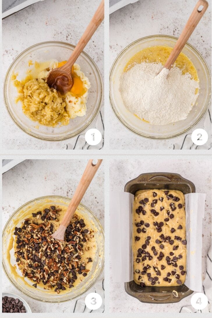 Four process short showing how to make chococlate chip banana bread with pecans.