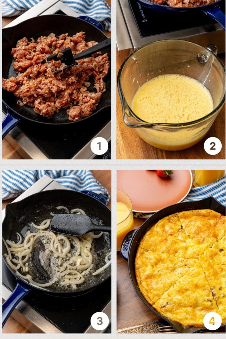Process of how to make a frittata. Cook the sausage then whisk your eggs, grill your onions then combine them all in a cast iron pan.