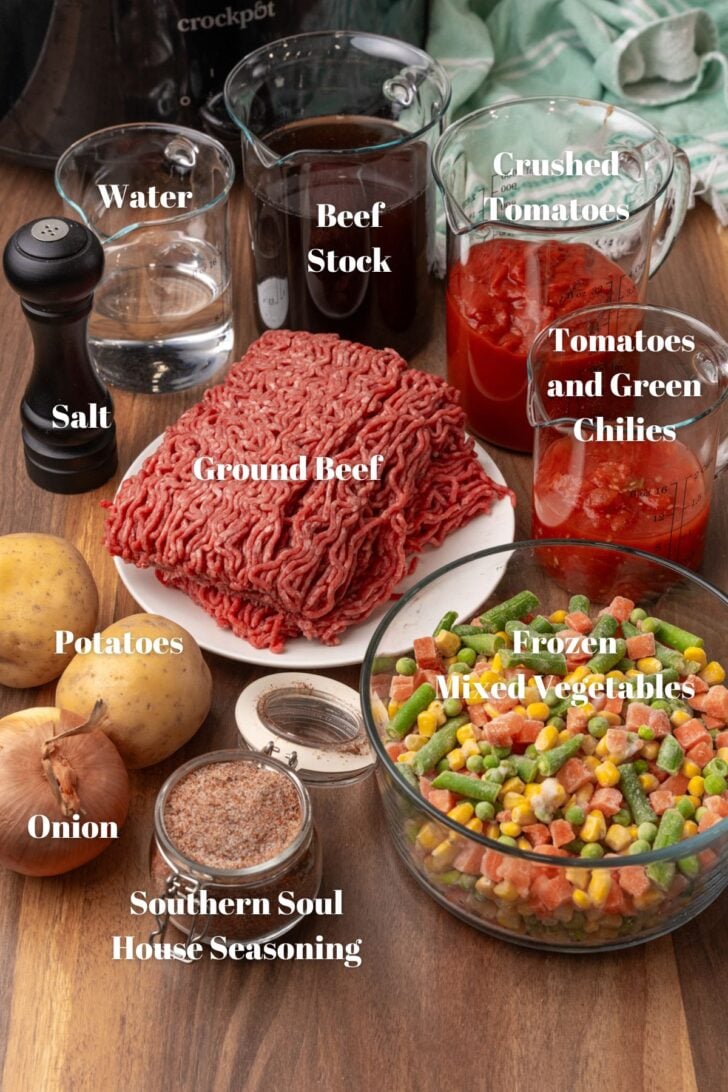 Ingredient list for vegeatable beef soup all in clear glass containers.
