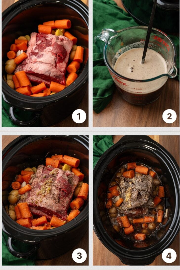 Photo 1 chuck roast and veggies in a black crock pot, photo 2 with measureing cup full of beer and tomato paste, photo 3 is chuck roast and veggies covered with spices, photo 4 is cooked chuck roast with carrots and potatoes.