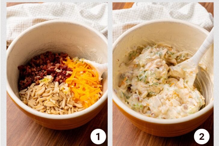 Image 1 with a bowl of bacon, cheese, almonds ready to be mixed for million dollar dip and image 2 of all ingredients mixed with a white spatula.
