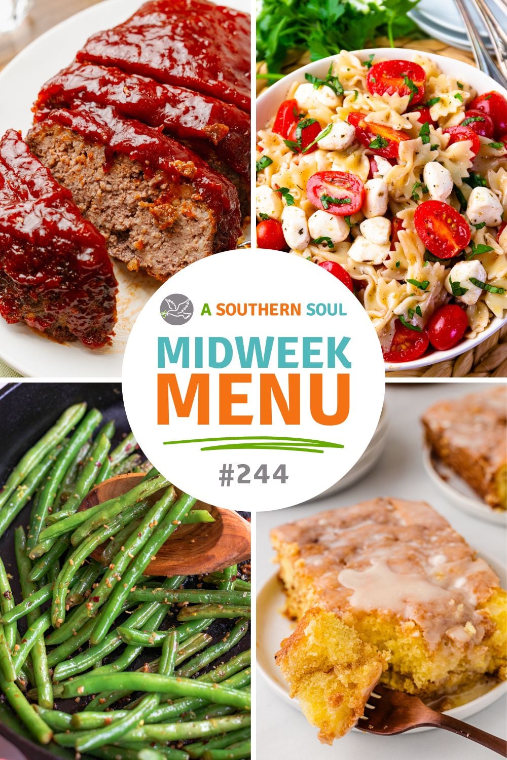 Midweek menu 244 menu shot. Meatloaf, caprese pasta salad, skillet asparagus and a honey bun cake.