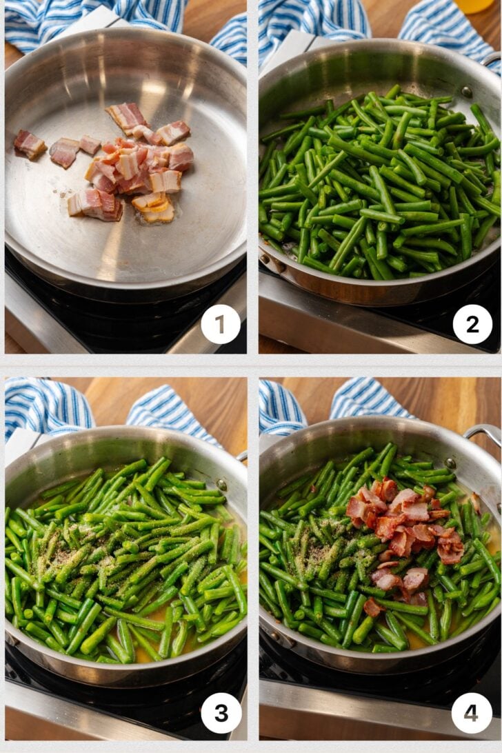 Photo 1 of bacon in a pan to be cooked, photo 2 of fresh green beans in a metal pan on stove, photo 3 of green beans in a metal pan with salt and pepper, photo 4 of green beans in a pan with cooked bacon.