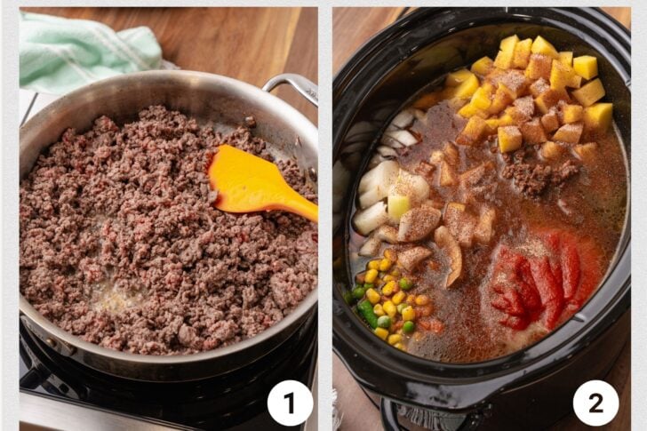 Cooked ground beef in a metal skillet and potatoes, onion, tomatoes and vegetables in a black crock pot for vegetable beef soup.