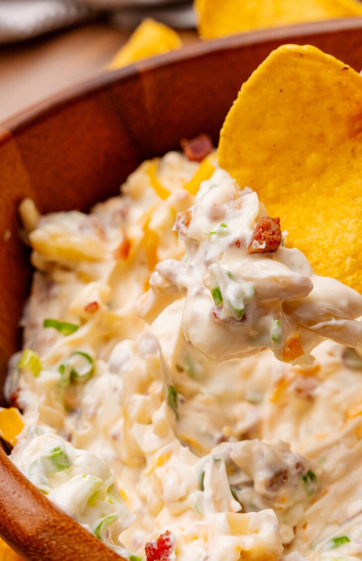 Tortilla chip with a scoop of million dollar dip.