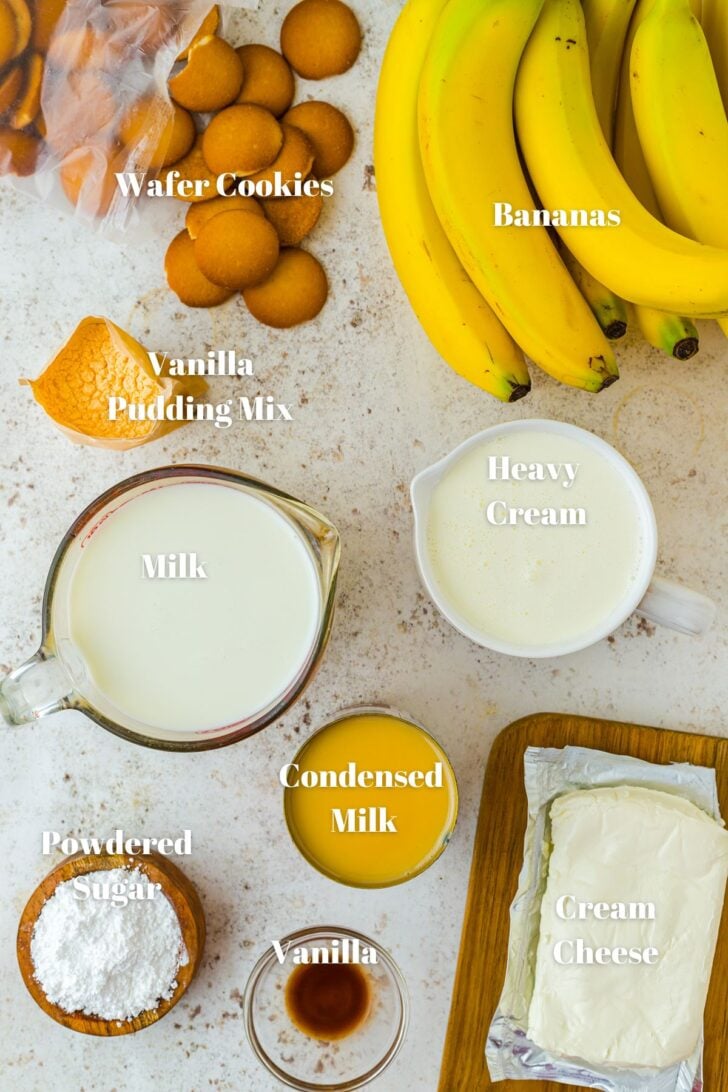 ingredients for banana pudding
milk heavy cream vanilla pudding mix wafer cookies condensed milk cream cheese and powdered sugar