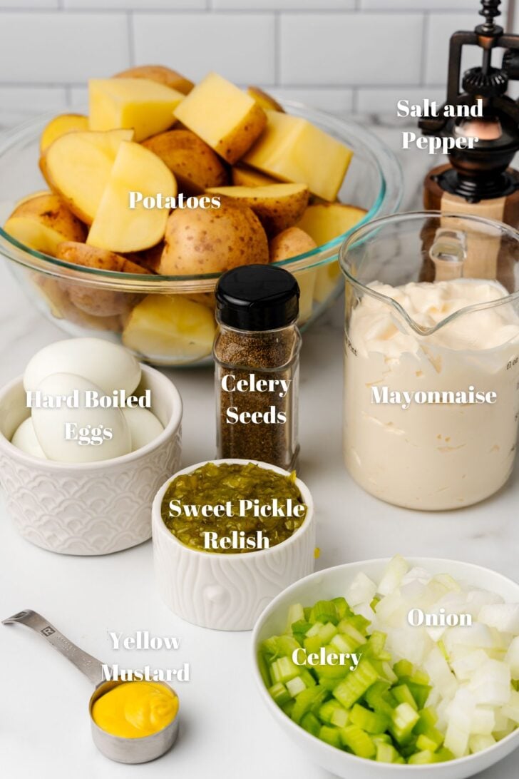 Process to make southern potato salad. Potatoes in the bowl then mix wet ingredients and add egg.