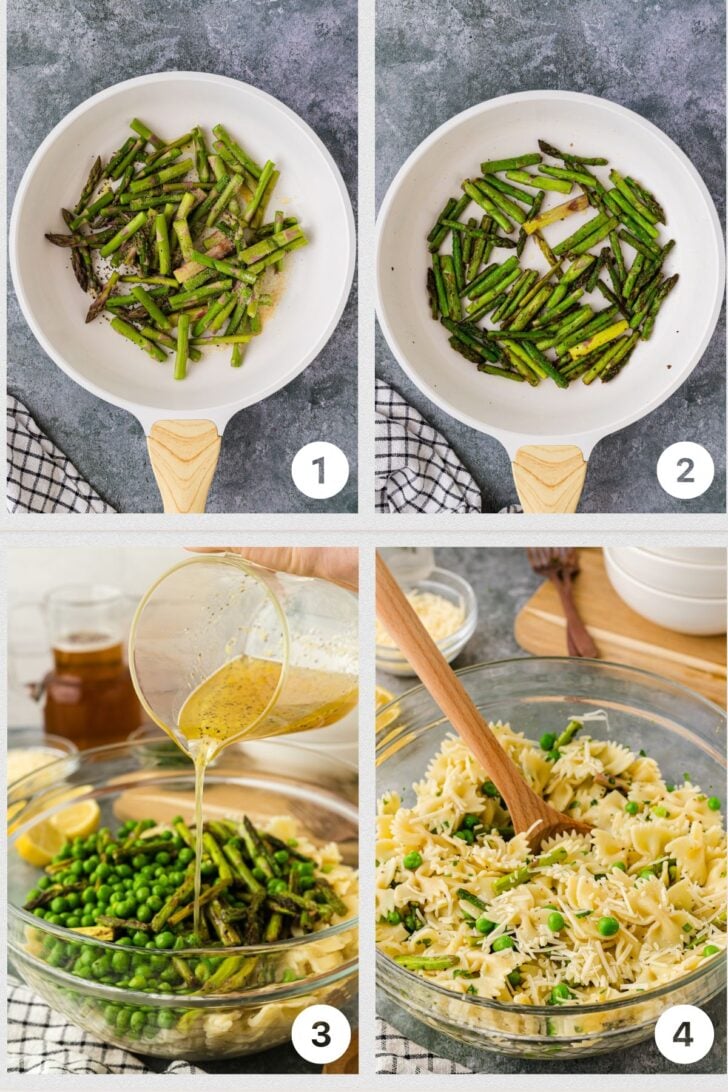 Photo 1 of asparagus, salt and pepper in a white saute pan, photo 2 of cooked asparagus, photo 3 of salad dressing poured over pasta, asparagus and peas, photo 4 of pasta salad tossed with a wooden spoon.