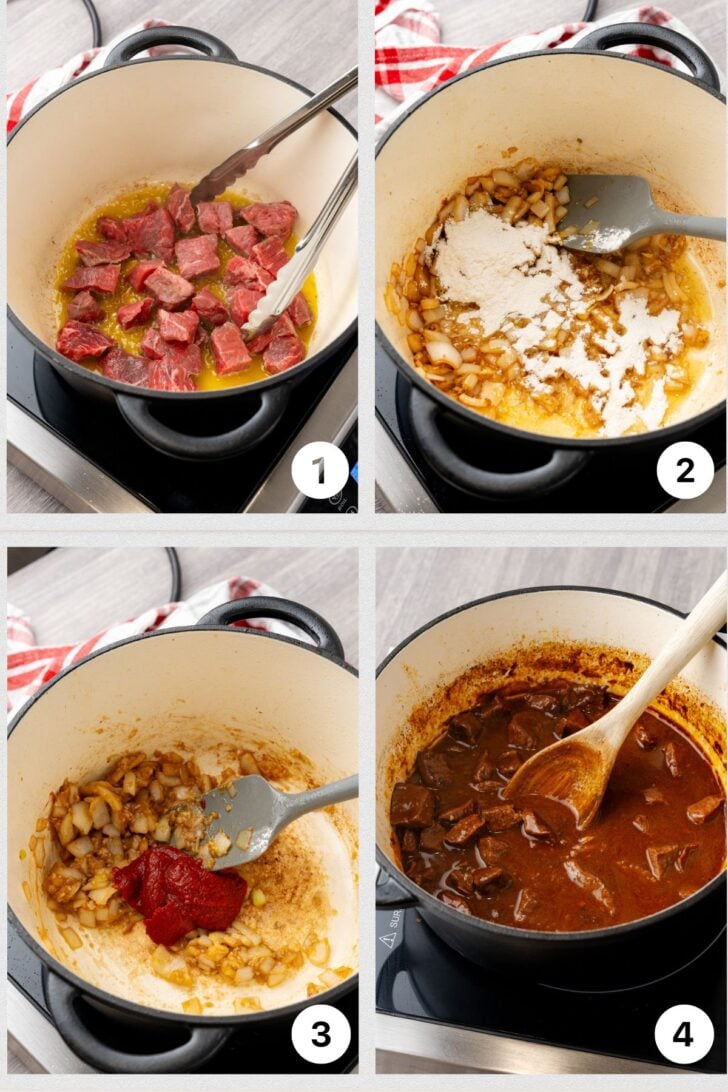 Photo 1 beef tips cooked in a dutch oven, photo 2 onions cooking with garlic and flour, photo 3 onions cooked with tomato paste, photo 4 beef tips cooked in a dutch oven with brown gravy.
