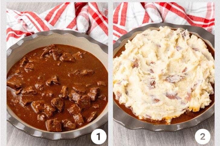 Photo 1 is beef tips in gravy in a casserole dish, photo 2 is beef tips covered with mashed potatoes.