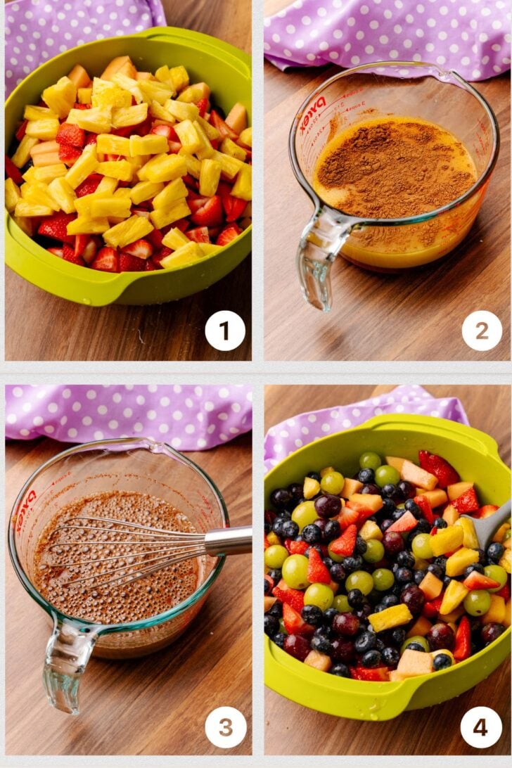 Photo 1 of green bowl of fresh fruit, photo 2 of glass mixing bowl with orange juice, honey and cinnamon, photo 3 of glass mixing bowl with dressing ingredients whisked together, photo 4 of green bowl of fresh fruit tossed with dressing.