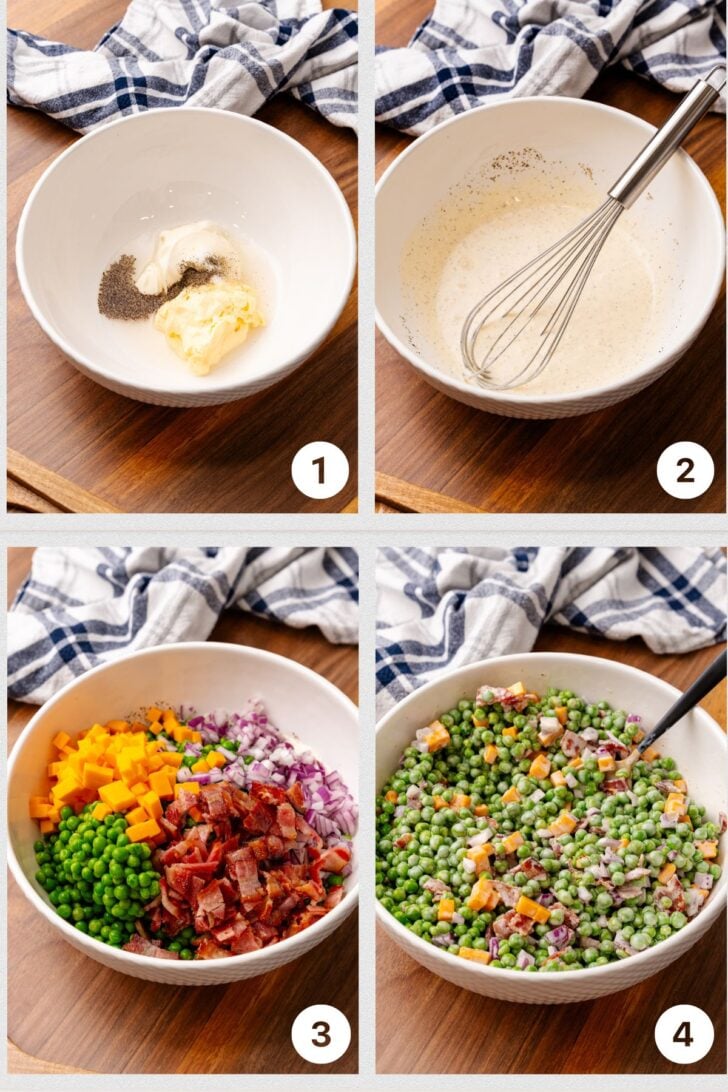 Photo 1- ingredients for dressing, photo 2- white bowl with creamy dressing and a wire whisk, photo 3, green peas, bacon, cheee and red onion, photo 4- mixed ingredients for pea salad.