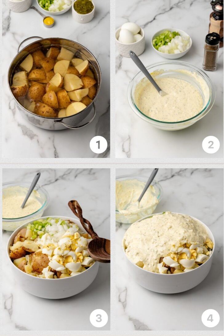 Process to make southern potato salad. Potatoes in the bowl then mix wet ingredients and add egg.