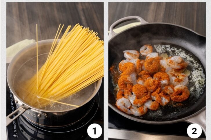 Photo one - cooking pasta, photo 2 - seasoned shrimp in a skillet with butter.