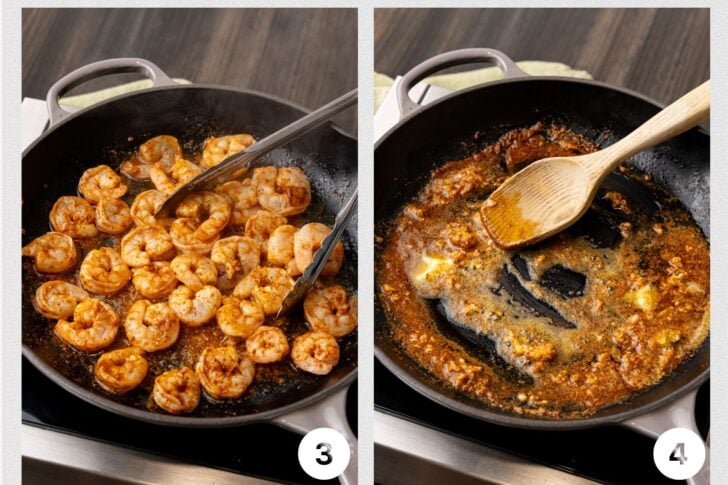 Photo 3 - cooked shrimp in a skillet, photo 4 - garlic lemon sauce in a skillet with wooden spoon.