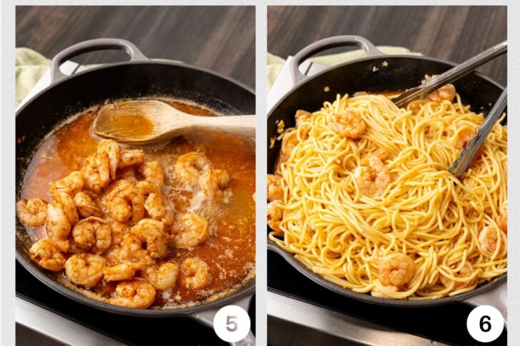 Photo 5 - shrimp in garlic butter sauce in skillet, photo 6 spaghetti added to shrimp in a skillet.