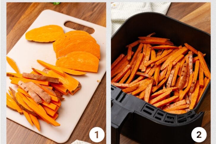 Split image showing sweet potatoes: Left side has sliced sweet potatoes on a cutting board. Right side shows the sliced sweet potatoes placed in an air fryer basket.