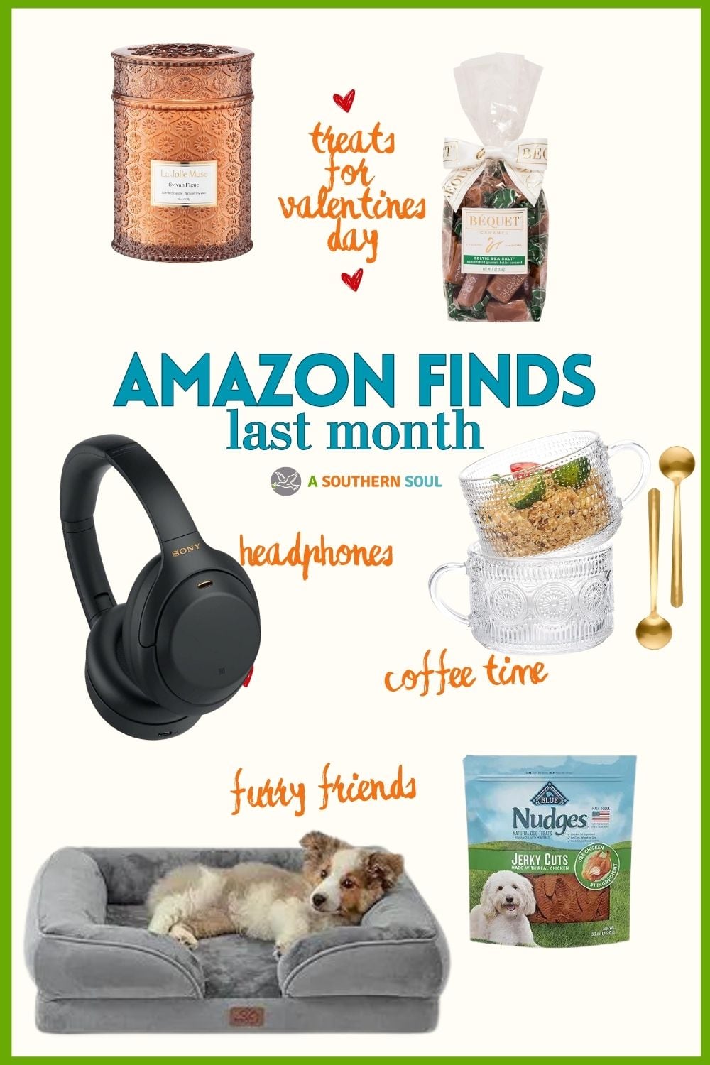 Amazon Favorites In February Pinterest pin showing Valentine's Day treats, headphones, coffee accessories, and pet items