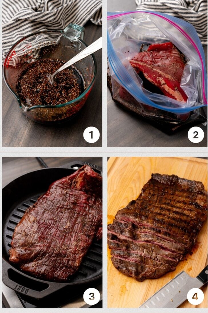 Photo 1 - steak marinade in a mixing bowl with a fork, photo 2 - plastic zip top bag with flank steak and marinade, photo 3 - black grill pan with flank steak, photo 4 - grilled flank steak sliced with a knife on a wooden cutting board.