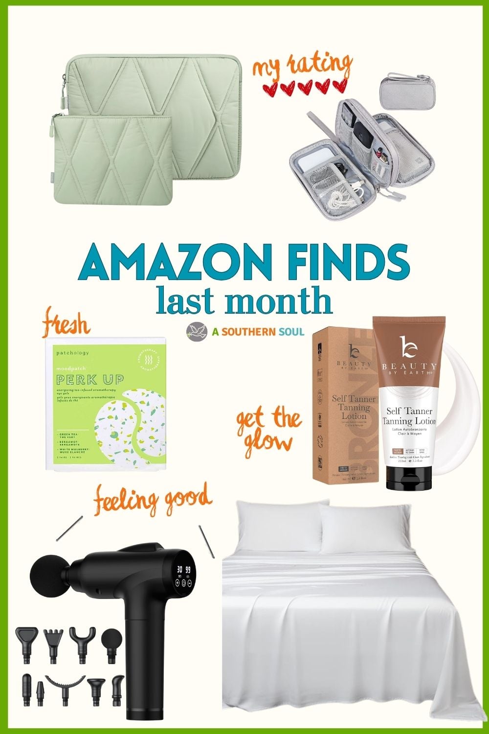 Amazon Favorites last month collage featuring laptop sleeves, tech organizers, face masks, self-tanner lotion, massage gun, and bedding