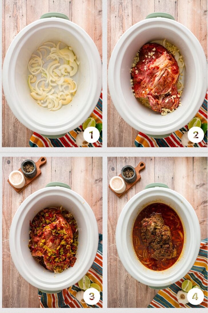 Four process shots of beef chuck roast cooked in a crock pot for Mexican shredded beef.