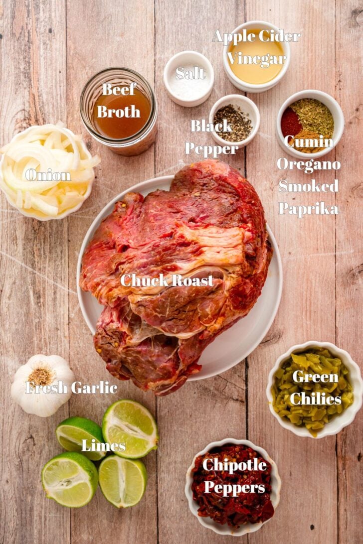 Chuck roast, beef broth, seasoning, green chilies, onions, garlic and lime to make shredded Mexican Beef.