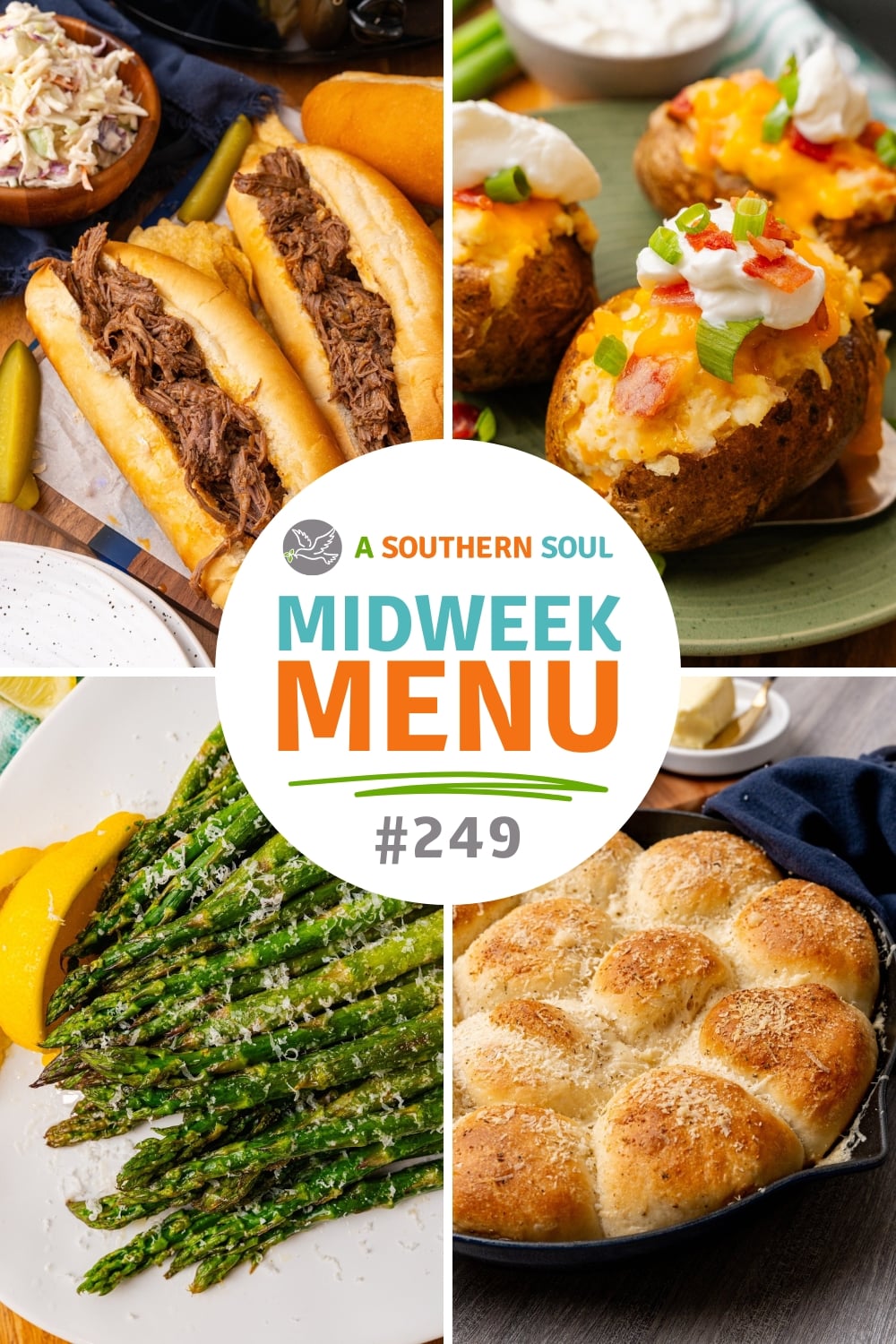 Step-by-step photos for Midweek Menu 249 Crock Pot BBQ Beef Roast with pulled beef sandwiches, loaded baked potatoes, asparagus, and dinner