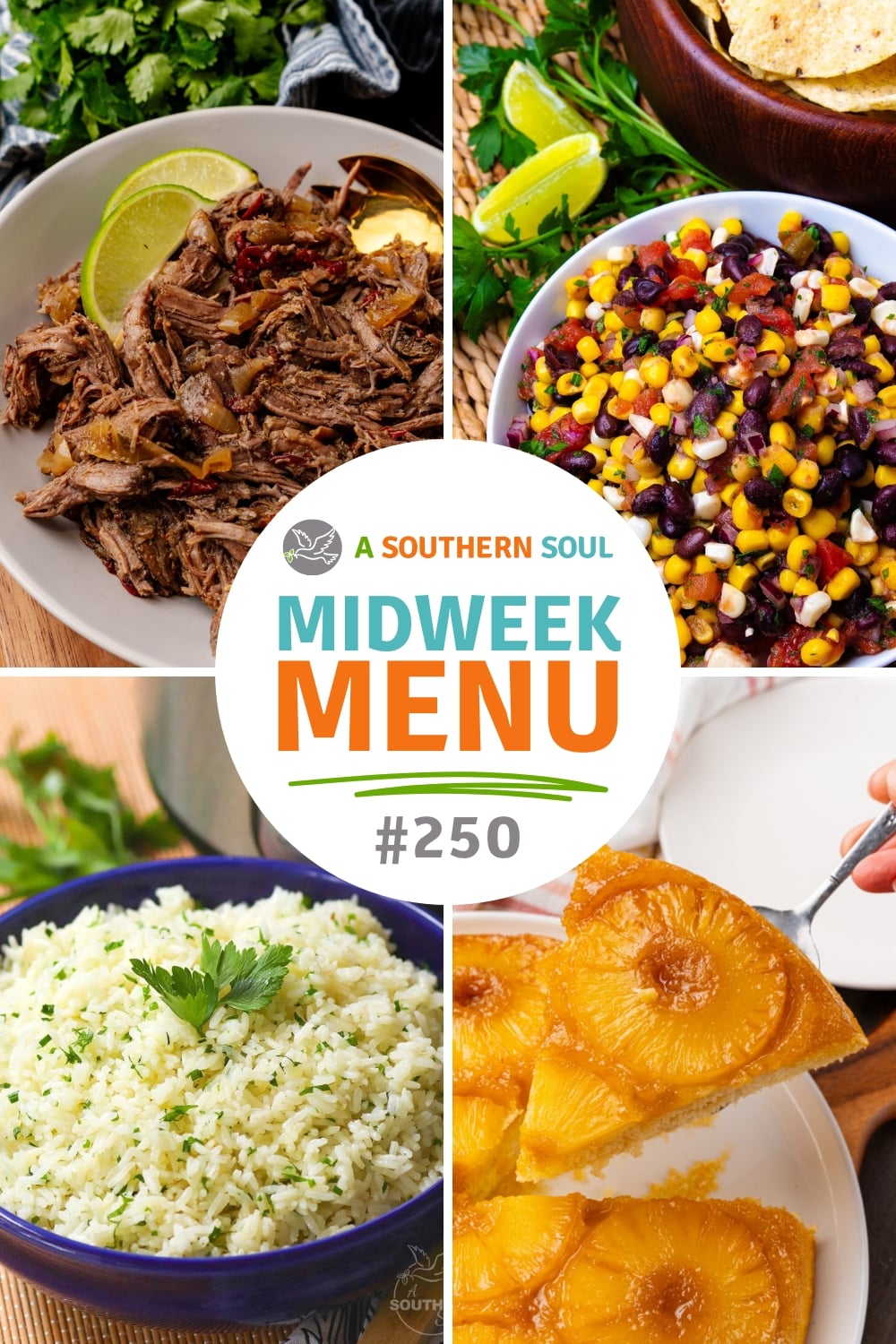 Step-by-step photos for Midweek Menu 250 Mexican Shredded Beef with lime, bean salad, cilantro rice, and pineapple upside-down cake