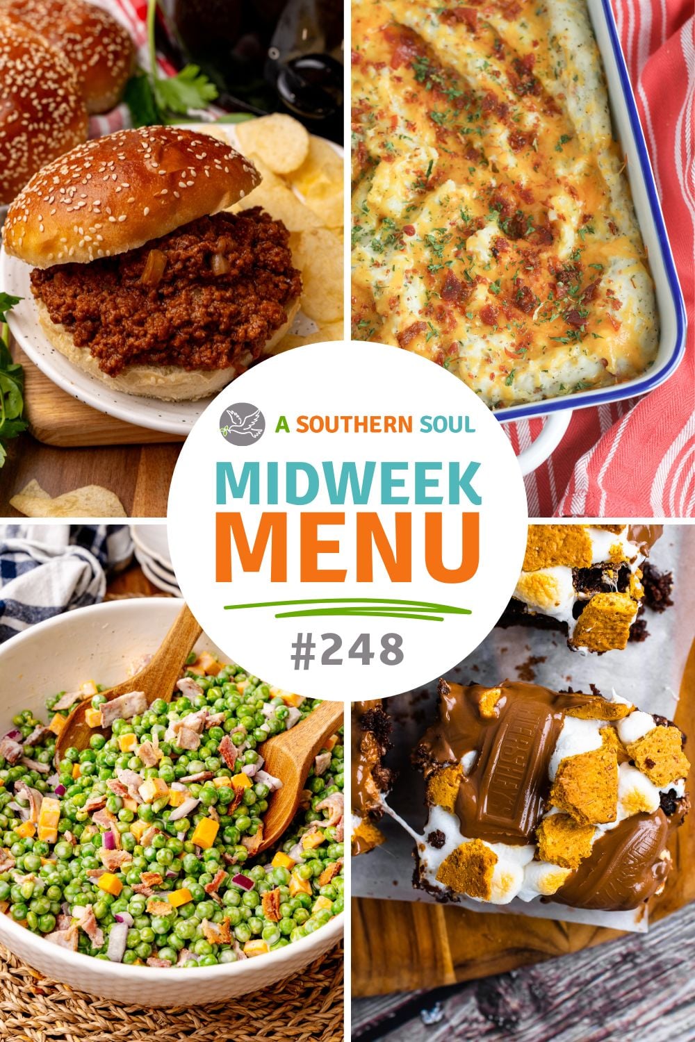 Midweek Menu 248 collage: sloppy joe on sesame bun, potato casserole, pea salad, and s'mores bars, Pinterest pin