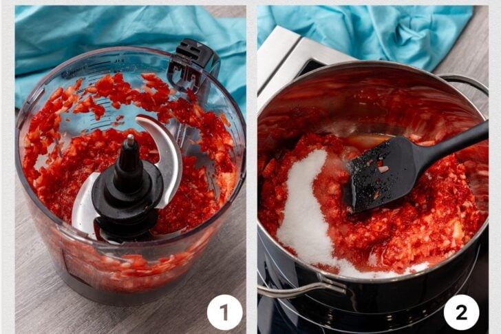 Photo 1 - food processor with fresh strawberries, photo 2 - processes strawberries, sugar and lemon juice in a saute pot.