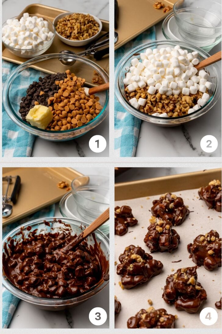 Process for making rocky road candy clusters. mix in ingredients into a bowl melt chocolate then but on a wax paper lined baking sheet.