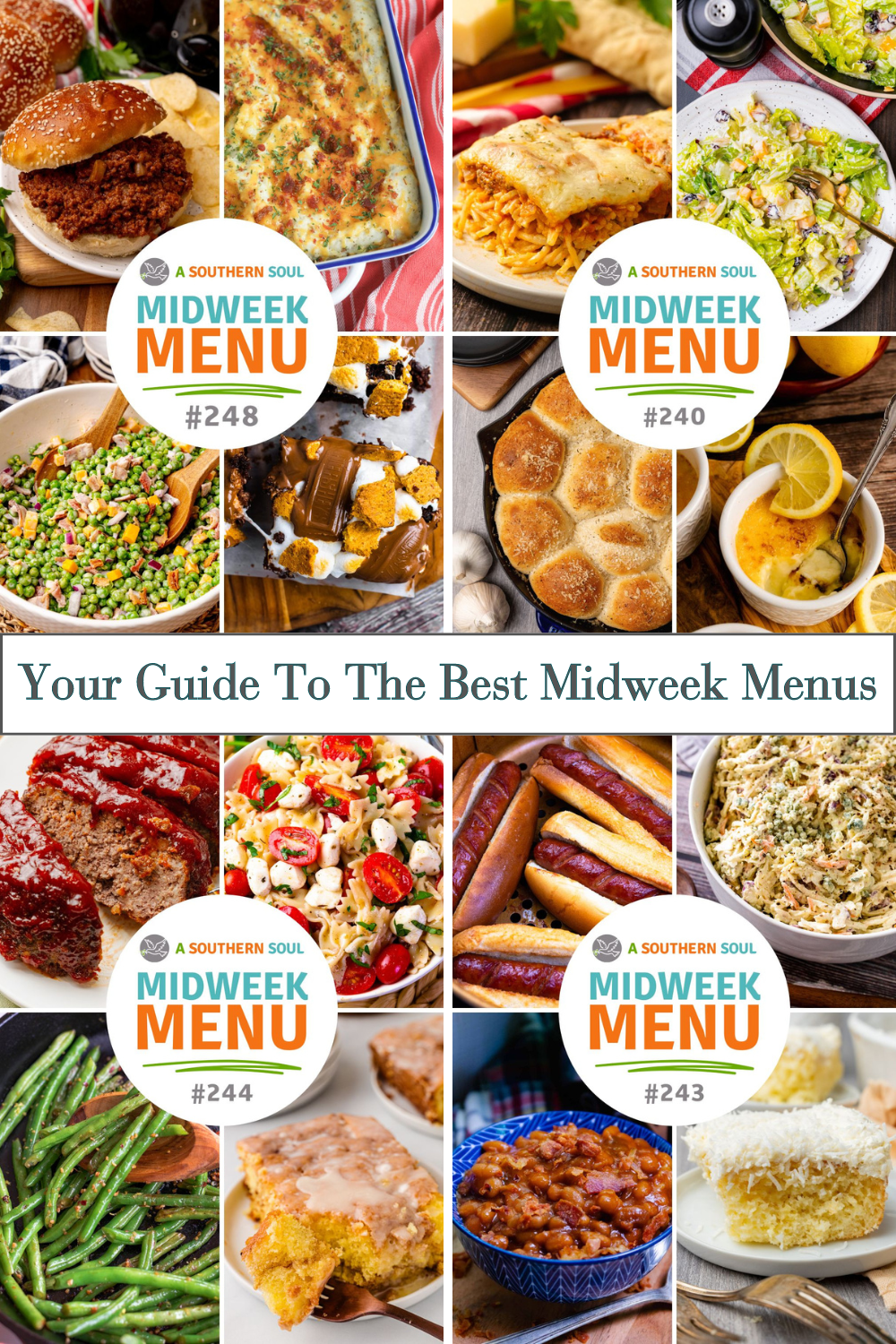 Four Midweek Menu Meal Plans featuring fried chicken sandwich, casserole, baked chicken, salad, meatloaf, pasta, hot dogs, and desserts, Pin