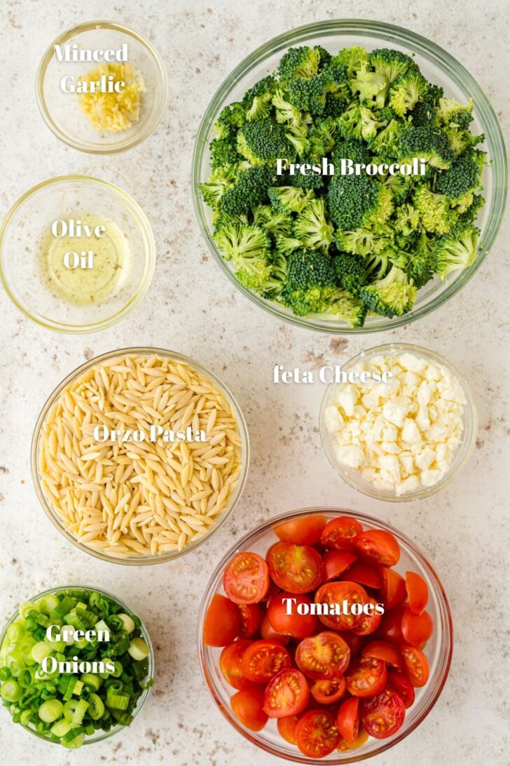 Broccoli, pasta, tomatoes, feta, green onions, oil oil and garlic in glass bowls.
