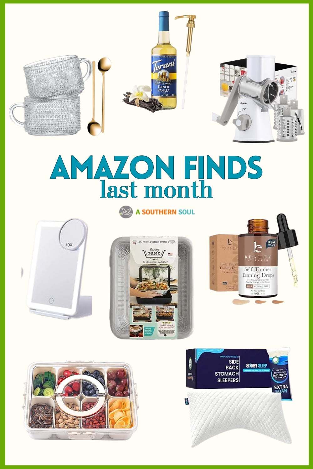 Amazon Favorites In April collage showing kitchen tools, food storage, beauty products, and bedding accessories on white background
