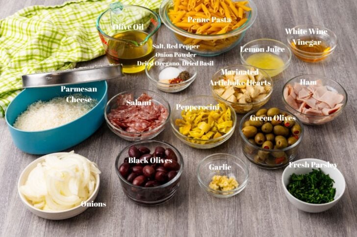 Ingredients for making homemade Italian pasta salad.