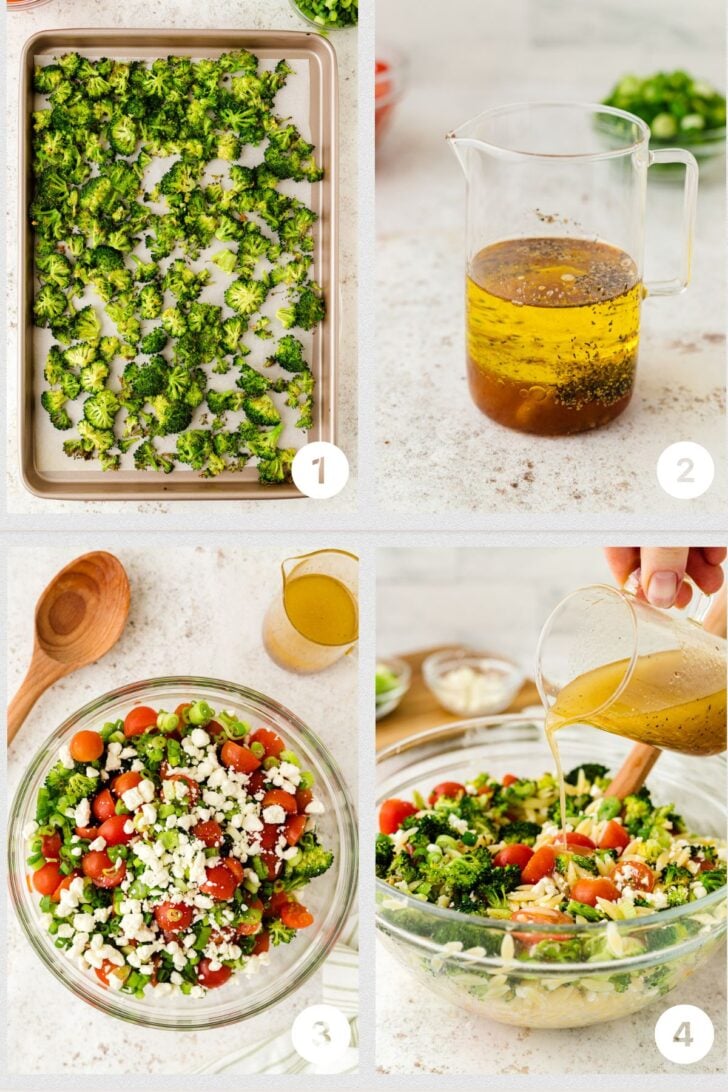 Steps 1 - 4 for roasting, mixing dressing, broccoli pasta salad ingredients and pouring on dressing for an easy, fresh salad.