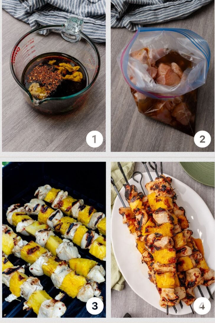 Process shots for making chicken skewers.
