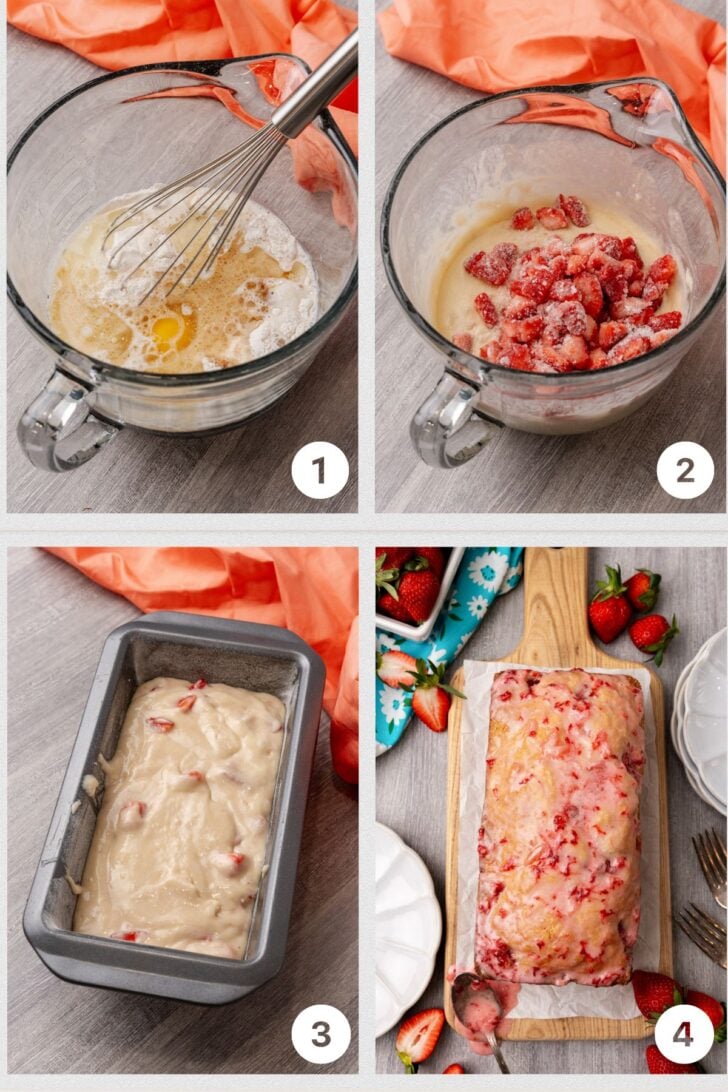 Process shot for making fresh strawberry bread. mixing the wet ingredients then combining with strawberries pouring the mixture into a rectangular baking dish and serving onto a wooden cutting board surrounded by fresh strawberries.