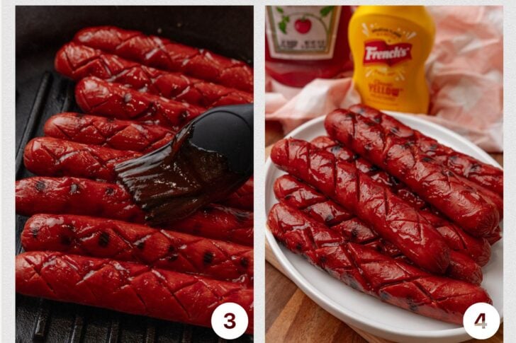 Hot dogs on a grill pan based with bbq sauce, and hot cooked hot dogs on a white serving plate.