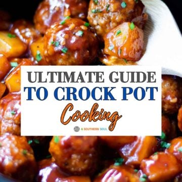 Glazed meatballs with vegetables in slow cooker, garnished with green onions - CROCK POT COOKING 2024 Pinterest pin