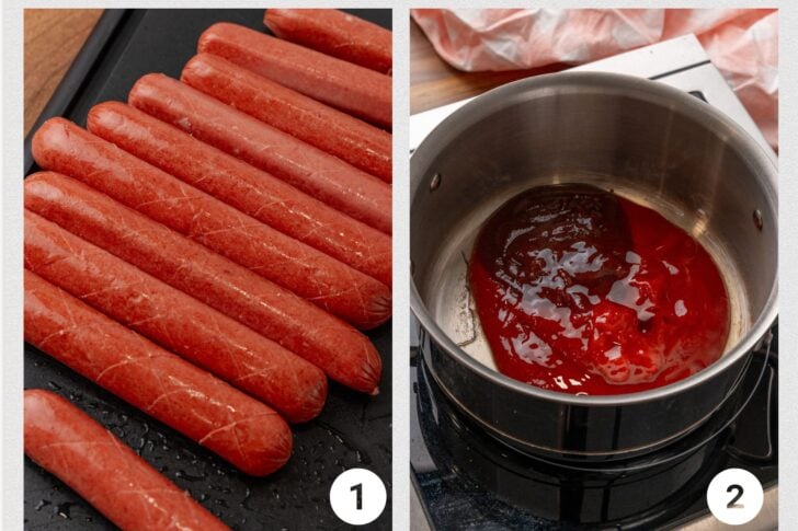Hot dogs, and saute pot with ingredients for homemade bbq sauce.