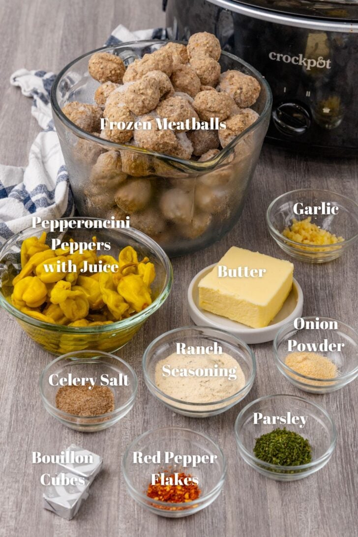 Ingredients used to make Mississippi Meatballs, frozen meatballs, garlic, butter, pepperoncini peppers, onion powder, ranch seasoning, celery salt, parsley, red pepper, and bouillon.