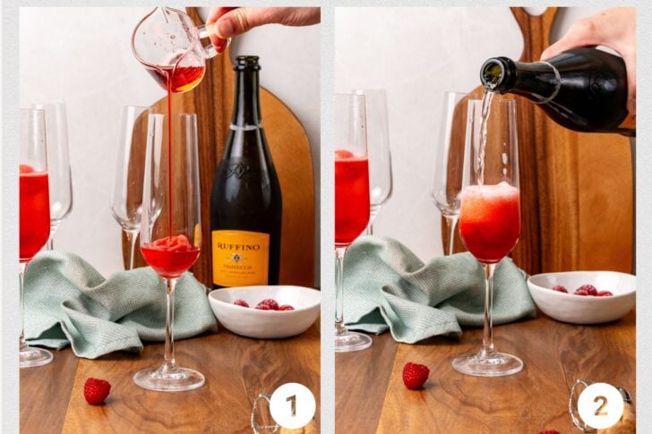 Process of making raspberry mimosas.