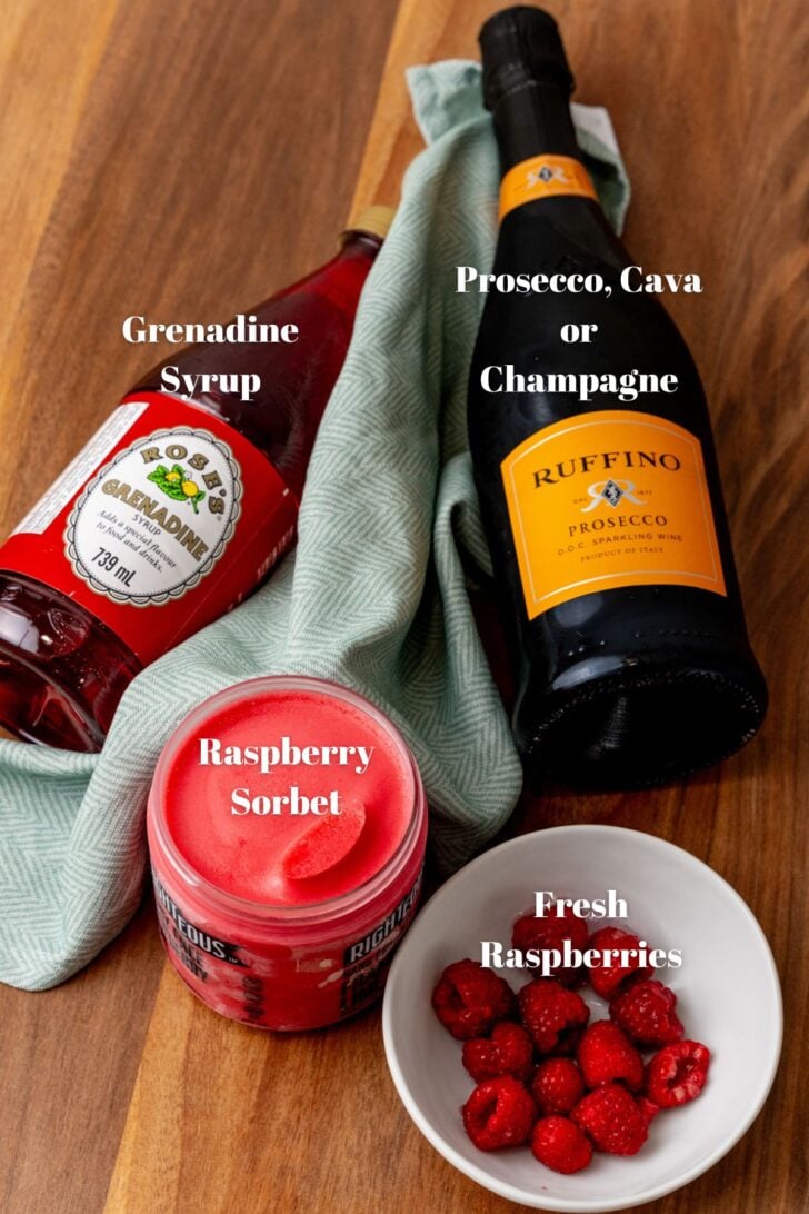 Ingredients needed for making raspberry mimosas.