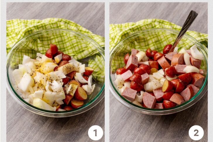 Process photos of uncooked sausage and potatoes in a glass bowl with seasoning prepped for grilling.