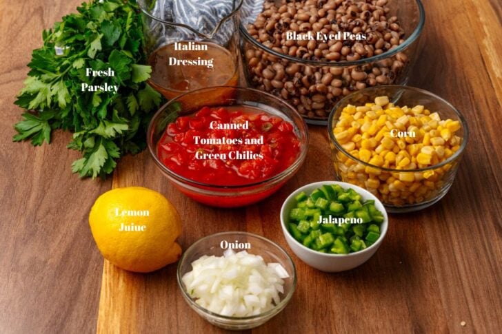 Ingredients - black eyed peas, corn, tomatoes, jalapenos, onion and italian dressing.