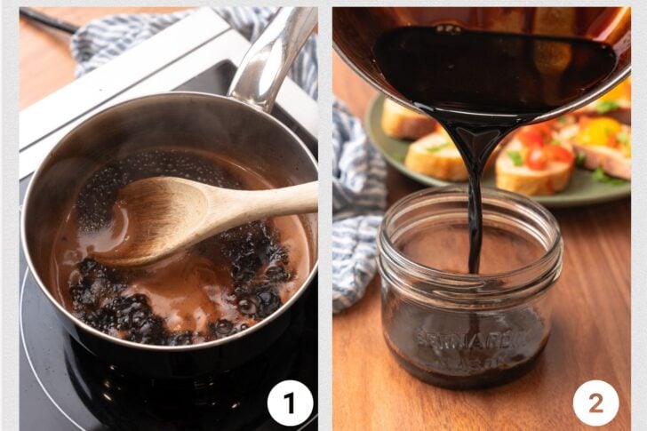 Photo 1 with balsamic vinegar and honey cooking in a metal pot, photo 2 is balsamic reduction poured into a glass jar.