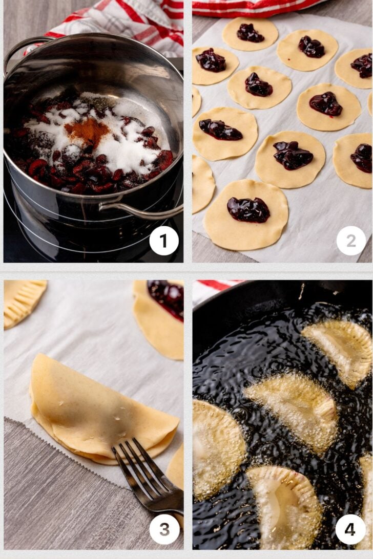Process photos for homemade fresh cherry pie filling in pie crust then fried in hot oil.