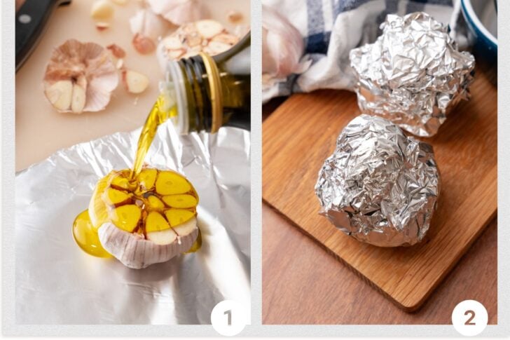 Two process photos for how to roast garlic in foil packs in the oven.