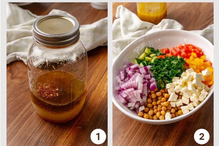 Homemade salad dressing in a mason jar and ingredients for Chickpea Salad in a white mixing bowl.